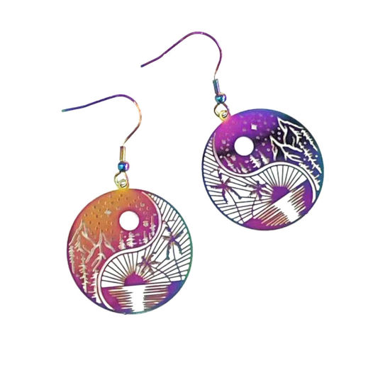 Picture of Brass Filigree Stamping Earrings Multicolor Round Coconut Palm Tree Painted 5cm x 3cm, 1 Pair                                                                                                                                                                 