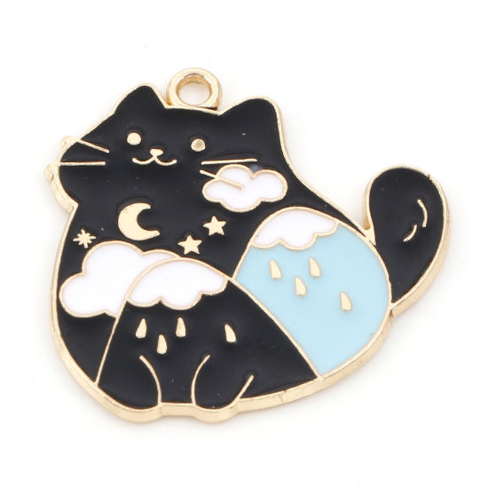 Immagine di Lega di Zinco Charms Gatto Oro Placcato Nero Smalto 28mm x 28mm , 10 Pz