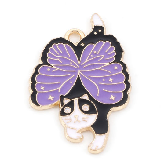 Picture of Zinc Based Alloy Pendants Gold Plated Black & Purple Butterfly Animal Cat Enamel 3.1cm x 2cm, 10 PCs