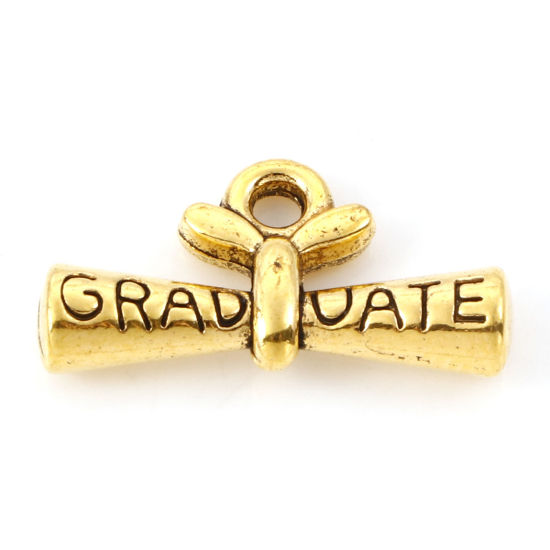 Picture of Zinc Based Alloy College Jewelry Charms Gold Tone Antique Gold Diploma Message " Graduate " 21mm x 11mm, 20 PCs