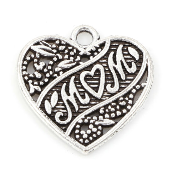 Picture of Zinc Based Alloy Mother's Day Charms Antique Silver Color Heart Message " Mom " 18mm x 18mm, 50 PCs