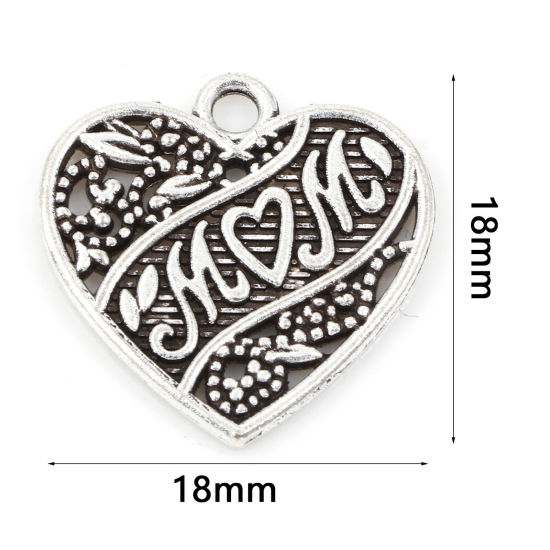 Picture of Zinc Based Alloy Mother's Day Charms Antique Silver Color Heart Message " Mom " 18mm x 18mm, 50 PCs