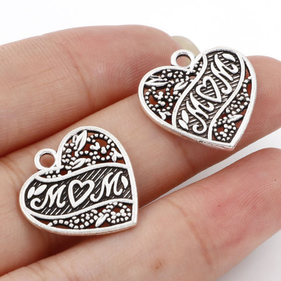 Picture of Zinc Based Alloy Mother's Day Charms Antique Silver Color Heart Message " Mom " 18mm x 18mm, 50 PCs