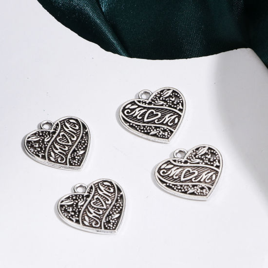 Picture of Zinc Based Alloy Mother's Day Charms Antique Silver Color Heart Message " Mom " 18mm x 18mm, 50 PCs
