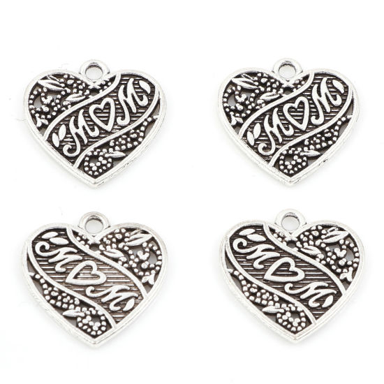 Picture of Zinc Based Alloy Mother's Day Charms Antique Silver Color Heart Message " Mom " 18mm x 18mm, 50 PCs