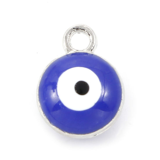 Imagen de Zamak Religión Colgantes Charms Ronda Tono de Plata Azul Oscuro Mal de ojo Esmalte 11mm x 8mm, 20 Unidades