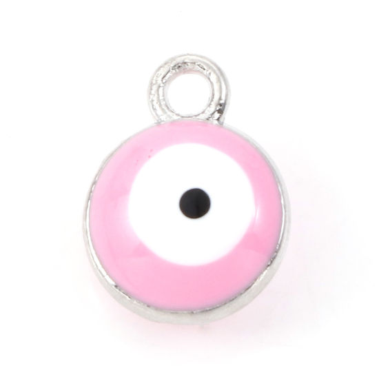 Imagen de Zamak Religión Colgantes Charms Ronda Tono de Plata Color rosa Mal de ojo Esmalte 11mm x 8mm, 20 Unidades