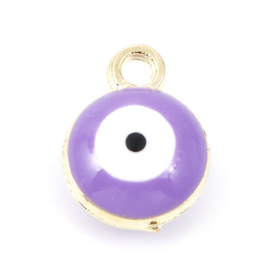 Bild von Zinklegierung Religiös Charms Rund Vergoldet Lila Böser Blick Evil Eye Emaille 11mm x 8mm, 20 Stück