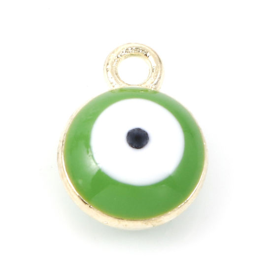 Bild von Zinklegierung Religiös Charms Rund Vergoldet Grün Böser Blick Evil Eye Emaille 11mm x 8mm, 20 Stück