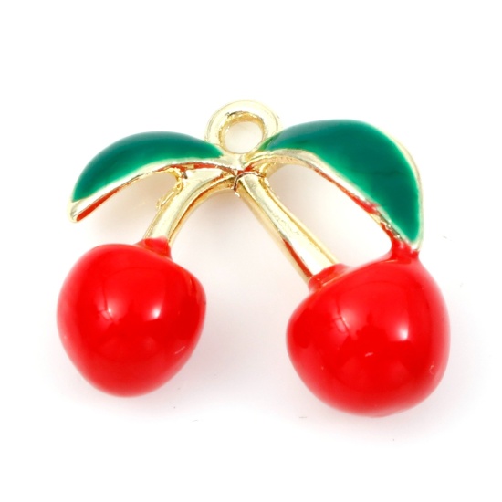 Picture of Zinc Based Alloy 3D Charms Gold Plated Red & Green Cherry Fruit Enamel 15.5mm x 14mm, 5 PCs