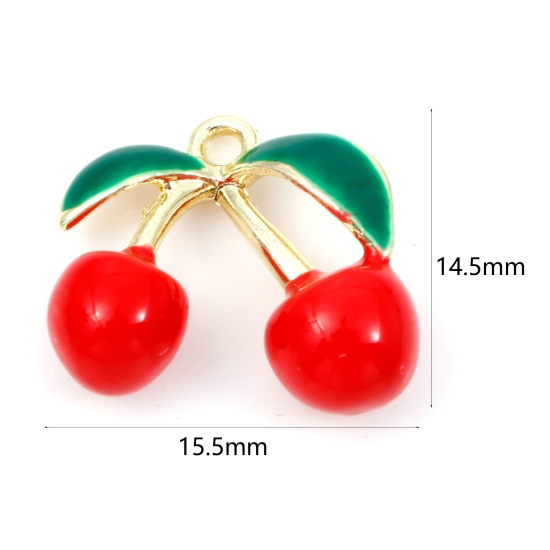 Picture of Zinc Based Alloy 3D Charms Gold Plated Red & Green Cherry Fruit Enamel 15.5mm x 14mm, 5 PCs