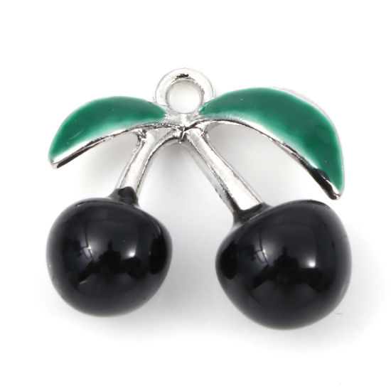 Picture of Zinc Based Alloy 3D Charms Silver Tone Black & Green Cherry Fruit Enamel 15.5mm x 14mm, 5 PCs