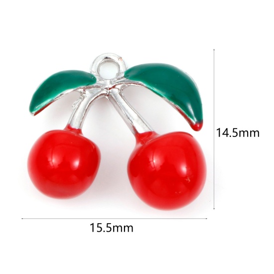 Picture of Zinc Based Alloy 3D Charms Silver Tone Red & Green Cherry Fruit Enamel 15.5mm x 14mm, 5 PCs