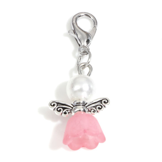 Bild von Zinklegierung & Acryl Charms Anhängerträger für Vintage Armband Engel Antiksilber Rosa Blumen Imitat Perle 3.5cm x 1.4cm, 10 Stück