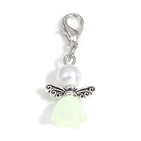 Bild von Zinklegierung & Acryl Charms Anhängerträger für Vintage Armband Engel Antiksilber Grün Blumen Imitat Perle 3.5cm x 1.4cm, 10 Stück