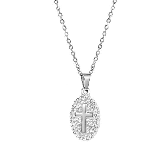 Image de Colliers Chaîne Maille Forçat en 304 Acier Inoxydable Religieux Argent Mat Ovale Croix 45cm Long, 1 Pièce