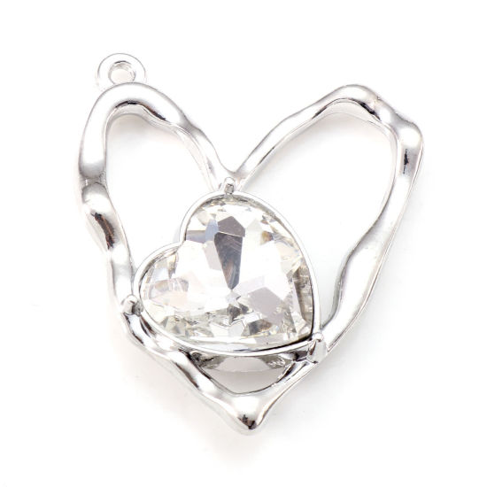 Picture of Zinc Based Alloy Valentine's Day Pendants Silver Tone Heart Clear Rhinestone 3cm x 2.6cm, 5 PCs