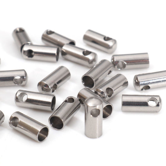 Picture of 304 Stainless Steel End Caps For Necklace Bracelet Jewelry Making Cylinder Silver Tone 8mm x 3mm, 50 PCs