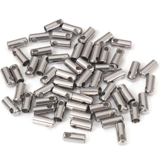 Picture of 304 Stainless Steel End Caps For Necklace Bracelet Jewelry Making Cylinder Silver Tone 8mm x 3mm, 50 PCs