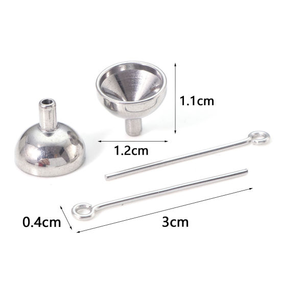 Picture of Stainless Steel Eye Pins Funnel Kit For Filling Cremation Ashes Urn Necklace Jewelry Silver Tone 12mm Dia., 30mm x 4mm, 1 Set