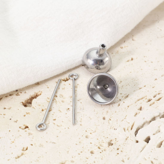 Picture of Stainless Steel Eye Pins Funnel Kit For Filling Cremation Ashes Urn Necklace Jewelry Silver Tone 12mm Dia., 30mm x 4mm, 1 Set