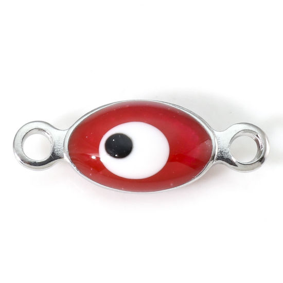 Imagen de 304 Acero Inoxidable Religión Conectores Oliva Tono de Plata Blanco & Rojo Mal de ojo Esmalte de Doble Cara 15.5mm x 6mm, 10 Unidades