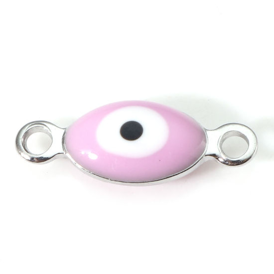 Imagen de 304 Acero Inoxidable Religión Conectores Oliva Tono de Plata Blanco & Rosa Mal de ojo Esmalte de Doble Cara 15.5mm x 6mm, 10 Unidades