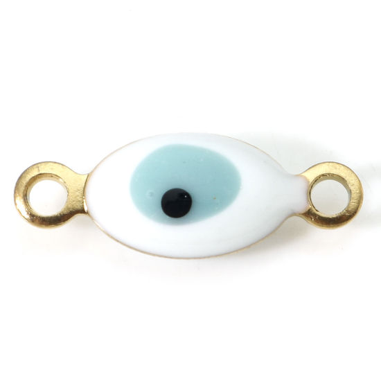 Imagen de 10 Unidades Enchapado al Vacío 304 Acero Inoxidable Religión Conectores Dijes Colgantes Oliva Chapado en Oro Blanco & Verde Salvia Mal de ojo Esmalte de Doble Cara 15.5mm x 6mm