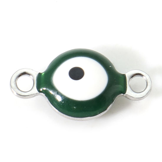 Imagen de 304 Acero Inoxidable Religión Conectores Ronda Tono de Plata Blanco & Verde Mal de ojo Esmalte de Doble Cara 11mm x 6mm, 10 Unidades