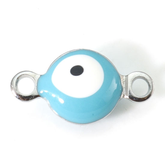 Imagen de 304 Acero Inoxidable Religión Conectores Ronda Tono de Plata Blanco & Azul Mal de ojo Esmalte de Doble Cara 11mm x 6mm, 10 Unidades