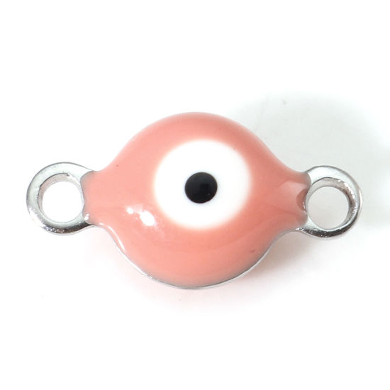 Imagen de 304 Acero Inoxidable Religión Conectores Ronda Tono de Plata Naranja Rosa Mal de ojo Esmalte de Doble Cara 11mm x 6mm, 10 Unidades