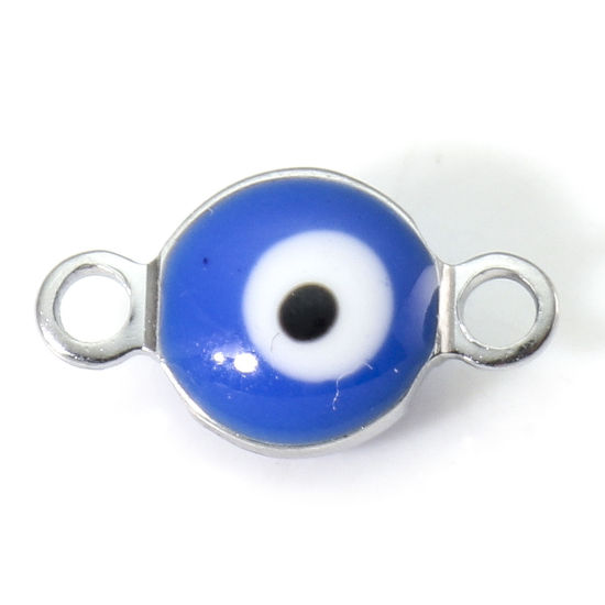Imagen de 304 Acero Inoxidable Religión Conectores Ronda Tono de Plata Azul Marino Mal de ojo Esmalte de Doble Cara 11mm x 6mm, 10 Unidades