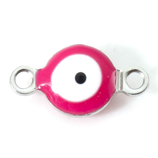 Imagen de 304 Acero Inoxidable Religión Conectores Ronda Tono de Plata Blanco & Fuchsia Mal de ojo Esmalte de Doble Cara 11mm x 6mm, 10 Unidades