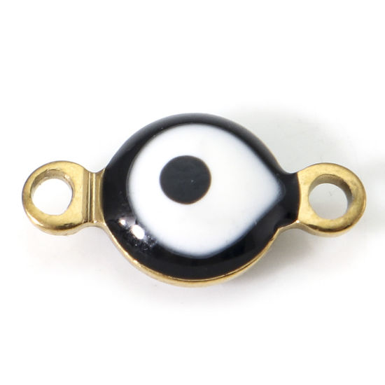 Immagine di 10 Pz Placcatura Sottovuoto 304 Acciaio Inossidabile Religione Pendenti Charms Connettori Tondo Oro Placcato Nero & Bianco Malocchio Smalto a Doppia Faccia 11mm x 6mm