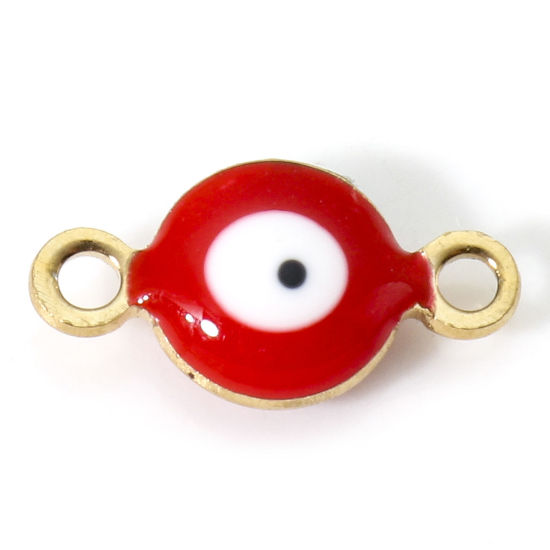 Immagine di 10 Pz Placcatura Sottovuoto 304 Acciaio Inossidabile Religione Pendenti Charms Connettori Tondo Oro Placcato Bianco & Rosso Malocchio Smalto a Doppia Faccia 11mm x 6mm