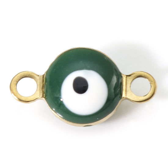 Immagine di 10 Pz Placcatura Sottovuoto 304 Acciaio Inossidabile Religione Pendenti Charms Connettori Tondo Oro Placcato Bianco & Verde Malocchio Smalto a Doppia Faccia 11mm x 6mm