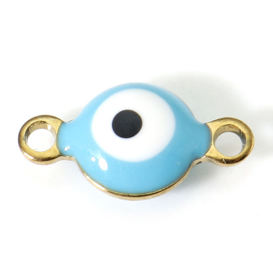 Immagine di 10 Pz Placcatura Sottovuoto 304 Acciaio Inossidabile Religione Pendenti Charms Connettori Tondo Oro Placcato Bianco & Blu Pallido Malocchio Smalto a Doppia Faccia 11mm x 6mm