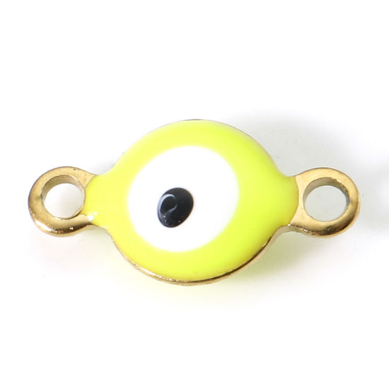 Immagine di 10 Pz Placcatura Sottovuoto 304 Acciaio Inossidabile Religione Pendenti Charms Connettori Tondo Oro Placcato Giallo Fluorescente Malocchio Smalto a Doppia Faccia 11mm x 6mm