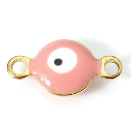 Immagine di 10 Pz Placcatura Sottovuoto 304 Acciaio Inossidabile Religione Pendenti Charms Connettori Tondo Oro Placcato Arancione Rosa Malocchio Smalto a Doppia Faccia 11mm x 6mm