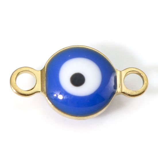Immagine di 10 Pz Placcatura Sottovuoto 304 Acciaio Inossidabile Religione Pendenti Charms Connettori Tondo Oro Placcato Blu Marino Malocchio Smalto a Doppia Faccia 11mm x 6mm