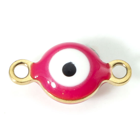 Immagine di 10 Pz Placcatura Sottovuoto 304 Acciaio Inossidabile Religione Pendenti Charms Connettori Tondo Oro Placcato Bianco & Fucsia Malocchio Smalto a Doppia Faccia 11mm x 6mm