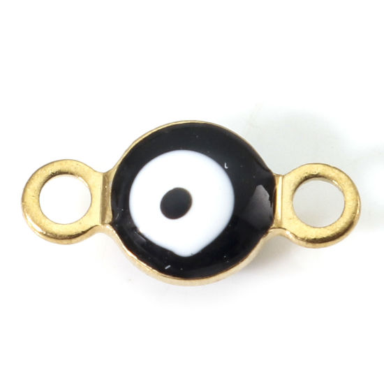 Picture of 10 PCs Vacuum Plating 304 Stainless Steel Religious Connectors Charms Pendants Gold Plated Black & White Round Evil Eye Double-sided Enamel 9cm x 4.5cm