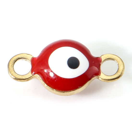 Picture of 10 PCs Vacuum Plating 304 Stainless Steel Religious Connectors Charms Pendants Gold Plated White & Red Round Evil Eye Double-sided Enamel 9cm x 4.5cm