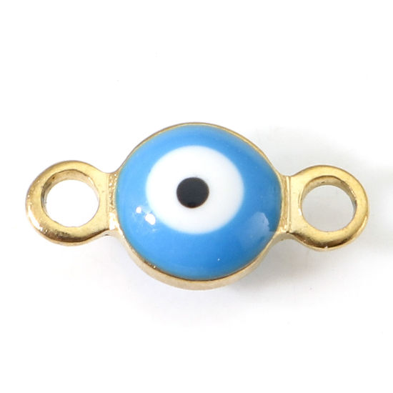 Picture of 10 PCs Vacuum Plating 304 Stainless Steel Religious Connectors Charms Pendants Gold Plated Lake Blue Round Evil Eye Double-sided Enamel 9cm x 4.5cm
