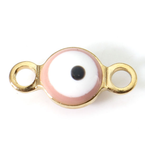 Picture of 10 PCs Vacuum Plating 304 Stainless Steel Religious Connectors Charms Pendants Gold Plated Orange Pink Round Evil Eye Double-sided Enamel 9cm x 4.5cm