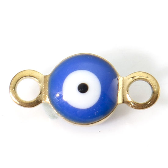 Picture of 10 PCs Vacuum Plating 304 Stainless Steel Religious Connectors Charms Pendants Gold Plated Royal Blue Round Evil Eye Double-sided Enamel 9cm x 4.5cm