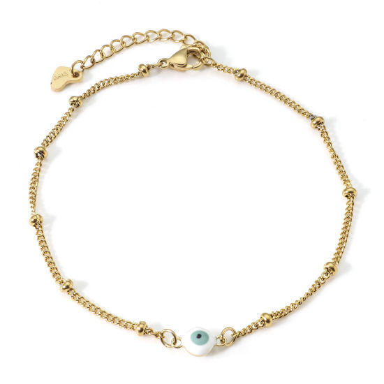 Picture of 1 Piece Vacuum Plating 304 Stainless Steel Religious Curb Link Chain Anklet Gold Plated White & Sage Green Double-sided Enamel Round Evil Eye 21.5cm(8 4/8") long