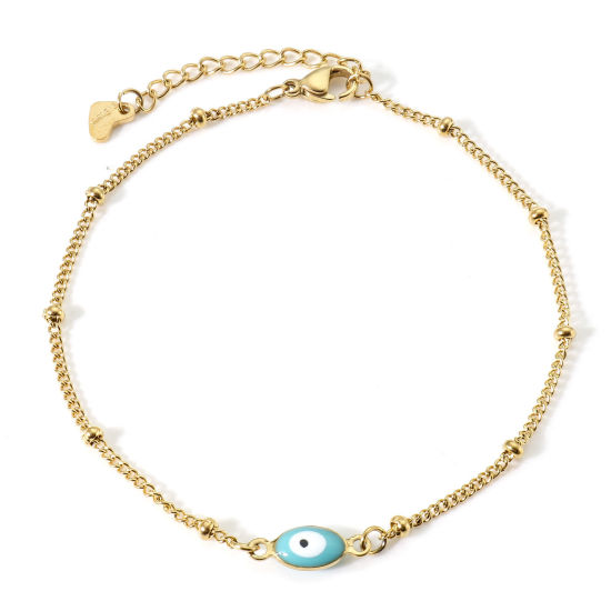 Bild von 1 Strang Vakuumbeschichtung 304 Edelstahl Religiös Panzerkette Kette Fußketten Vergoldet Weiß & Blau Doppelseitige Emaille Marquise Böser Blick Evil Eye 22cm lang