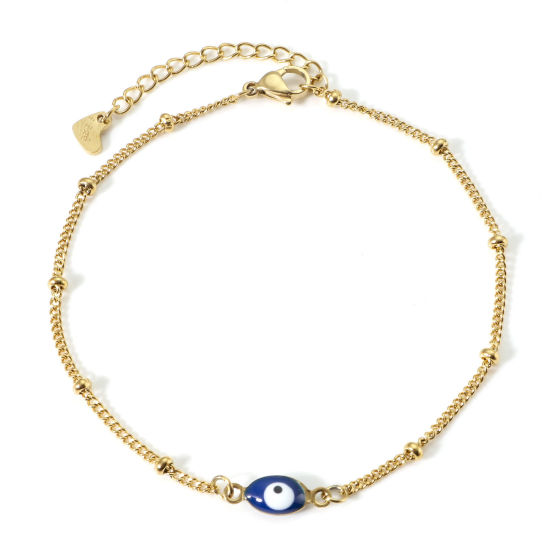 Bild von 1 Strang Vakuumbeschichtung 304 Edelstahl Religiös Panzerkette Kette Fußketten Vergoldet Saphirblau Doppelseitige Emaille Marquise Böser Blick Evil Eye 22cm lang