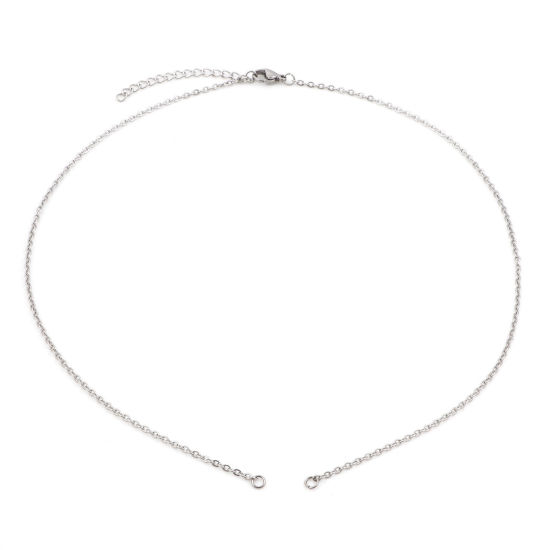 Picture of 304 Stainless Steel Link Cable Chain Semi-finished Necklace For DIY Handmade Jewelry Making Silver Tone With Lobster Claw Clasp And Extender Chain 44.5cm(17 4/8") long, Chain Size: 2mm, 1 Piece